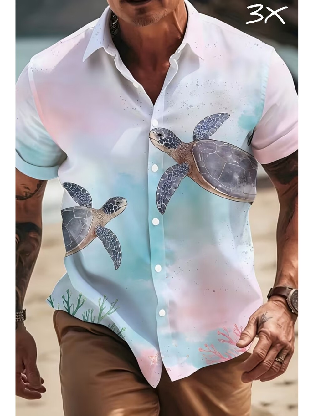 Unisex Sea Turtles button front S/S shirt, 3X